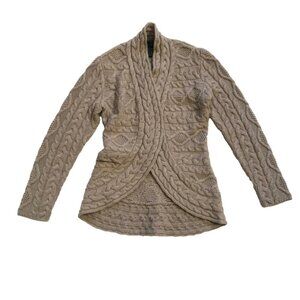 Lafayette 148 Cable Knit Cardigan Sweater Womens Medium Tan Oatmeal Merino Wool